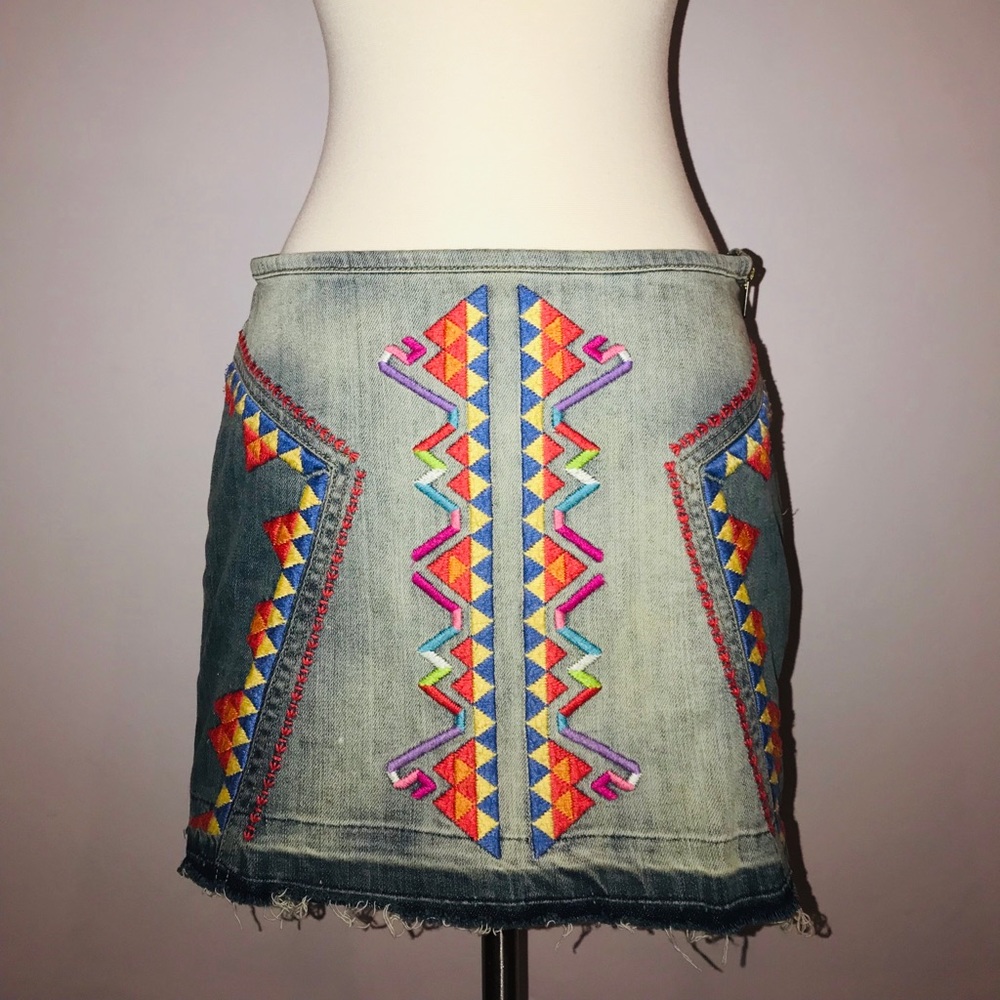 Free People Embroidered Tribal/Aztec Jean Skirt